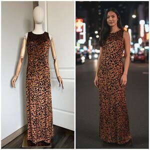 VTG Y2K Sharon Max Sz L Velvet Burnout Leopard Print Maxi Dress Party Formal